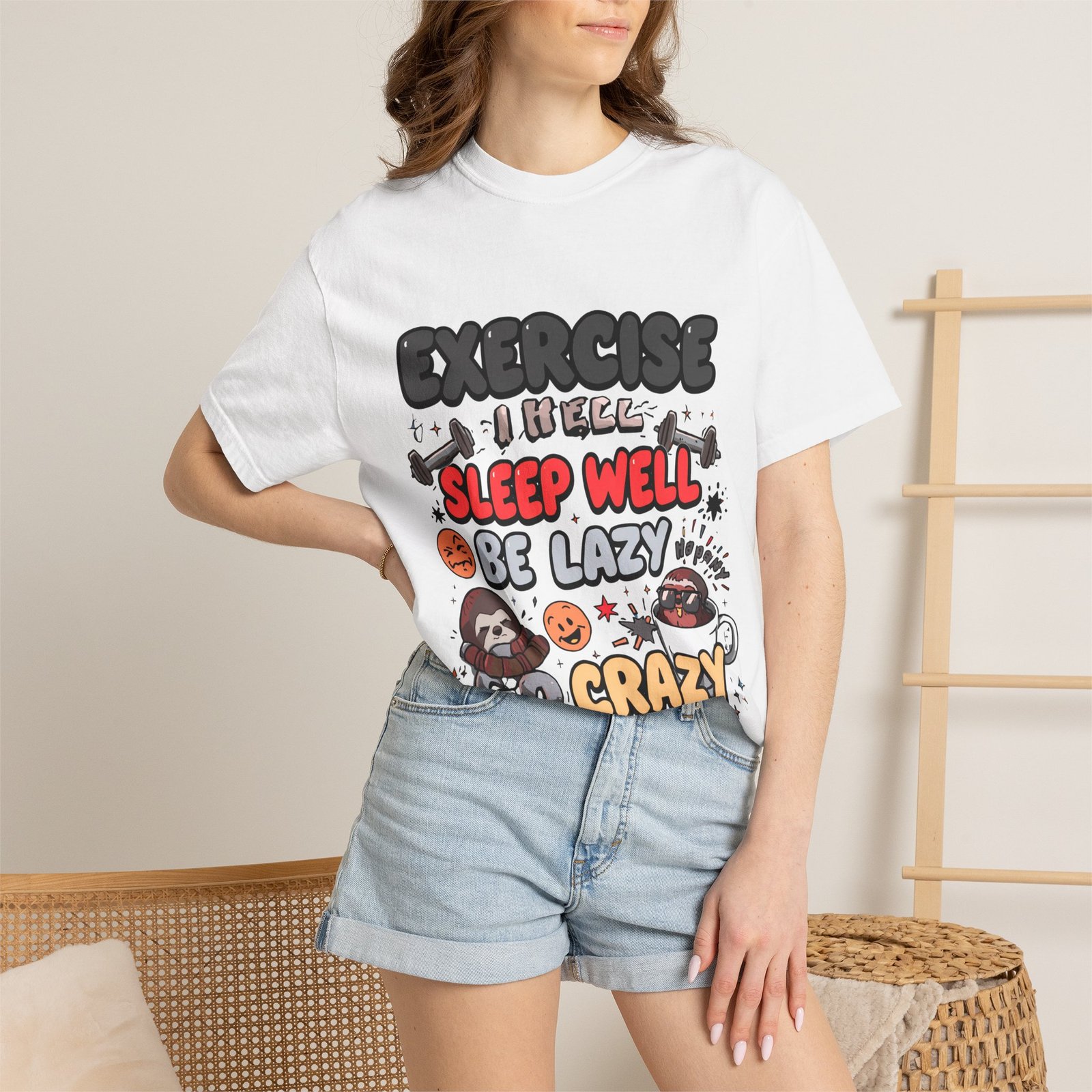 Funny Sloth T-Shirt – "Exercise Sleep Well Be Lazy Be Crazy" Graphic Tee - Image 4