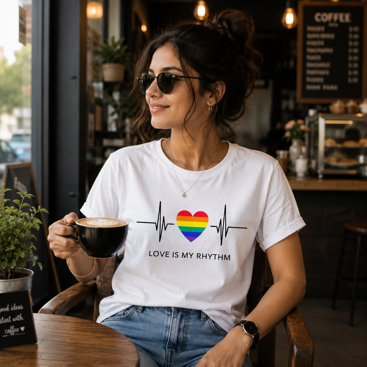 Girl Wearing White Pride Heart T-Shirt in Cozy Cafe
