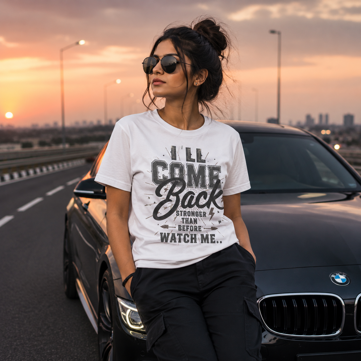 Motivational T-Shirt White Graphic Tee | Luxury Car Highway Style