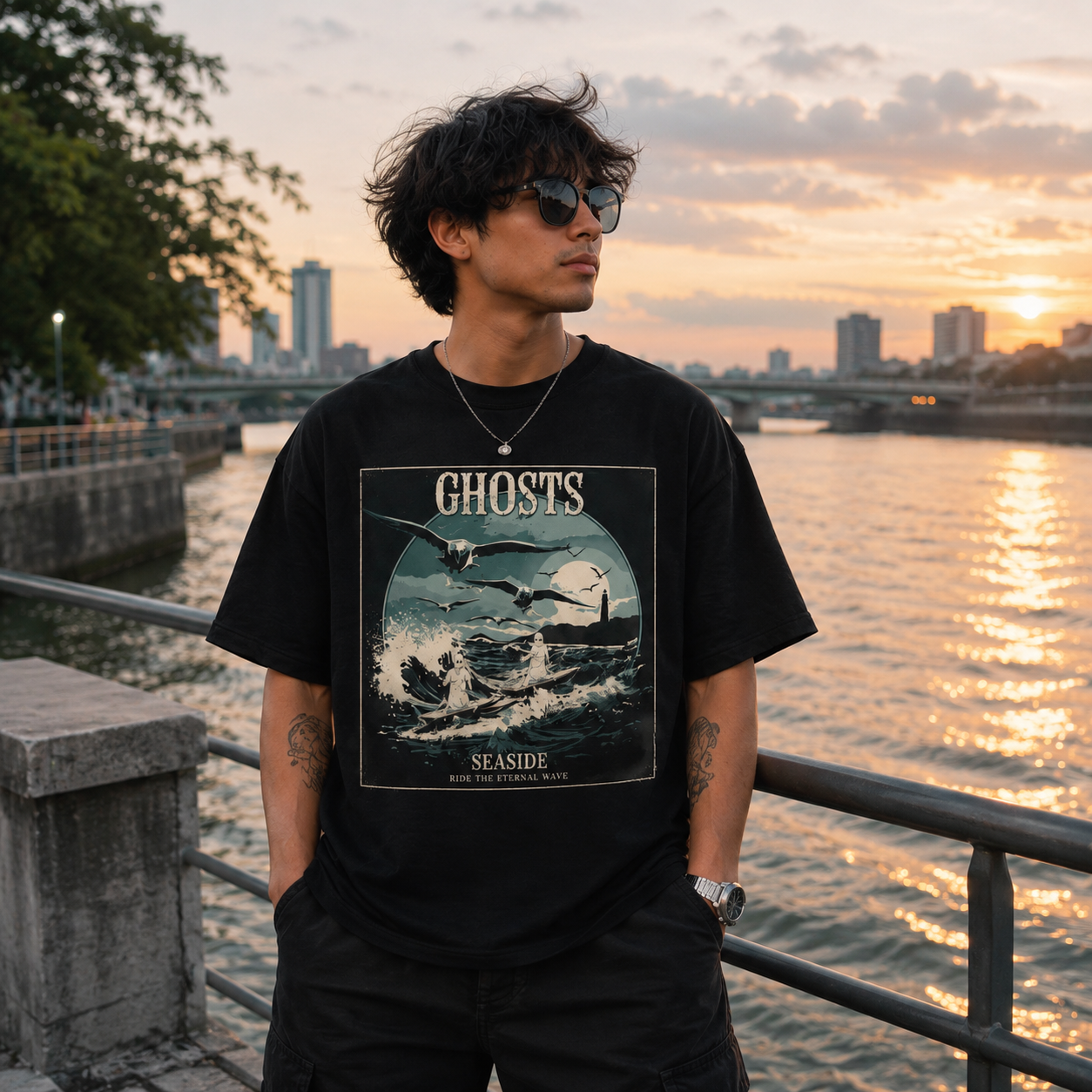 Man wearing Vintage Ghosts Seaside Wave Graphic Tee