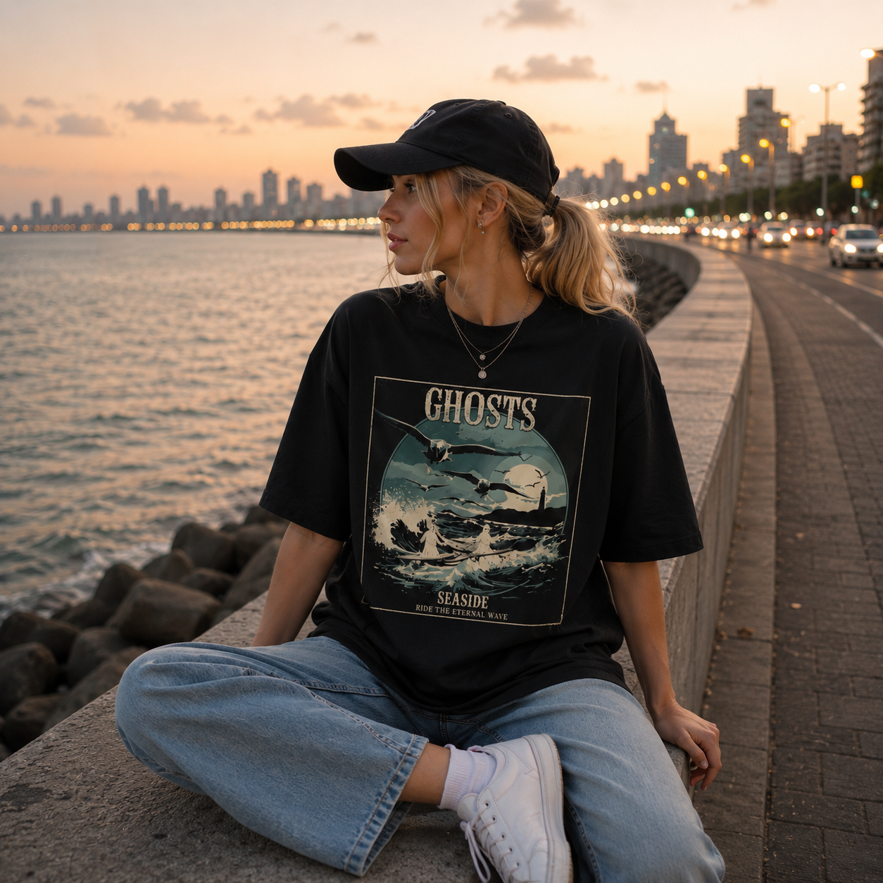 Retro Ghost Ocean Wave Graphic T Shirt