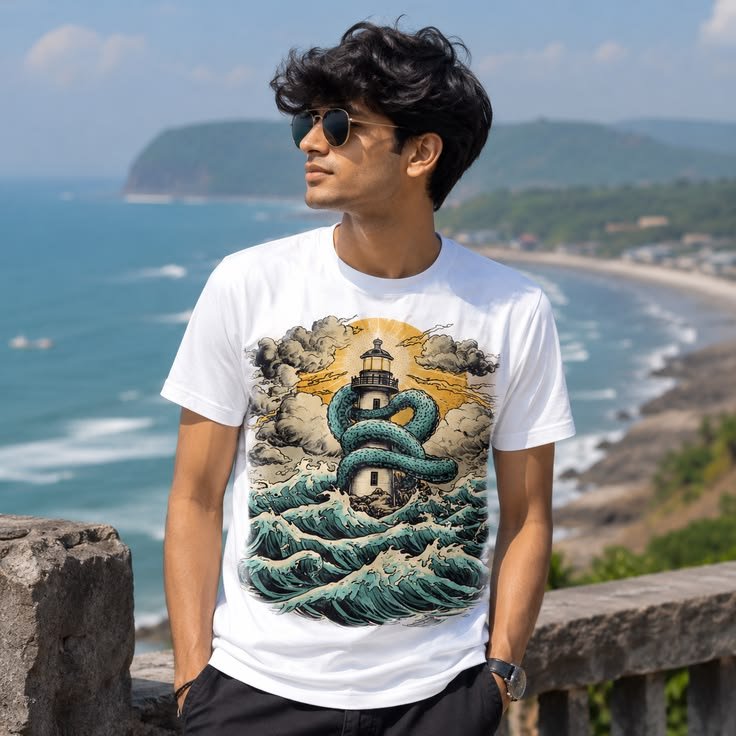 Kraken Lighthouse Nautical T-Shirt Sea Monster Ocean Horror Lighthouse - Image 2