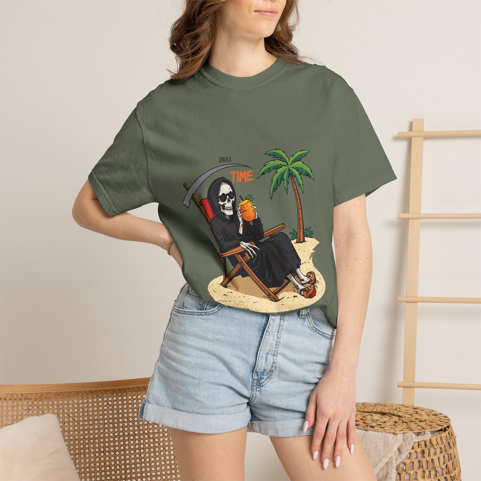 Time to Relax Grim Reaper Beach T-Shirt | Funny Skeleton Summer Graphic Tee - Image 12