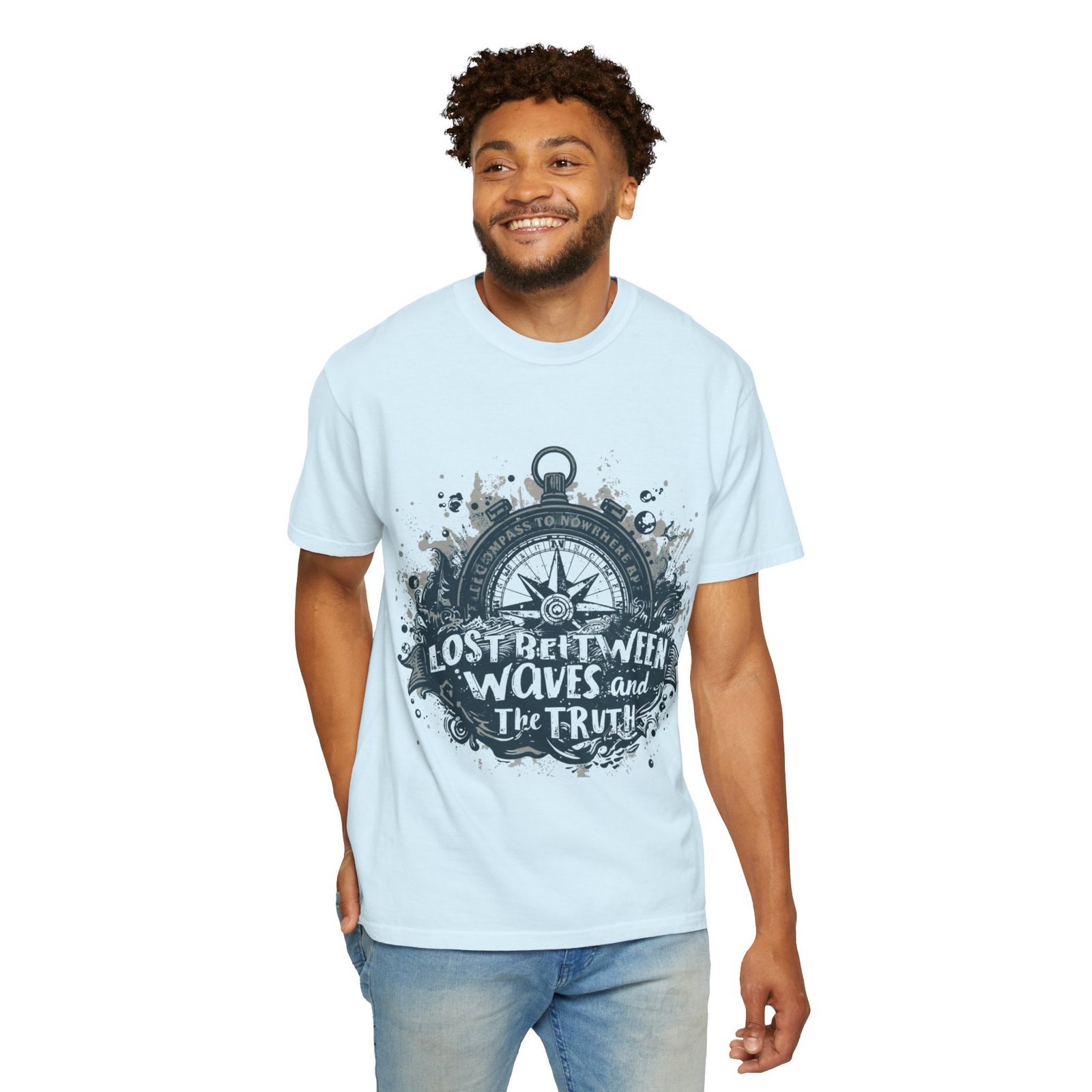 Compass & Waves Graphic T-Shirt — "Lost Between Waves and the Truth" Nautical Tee - Image 25