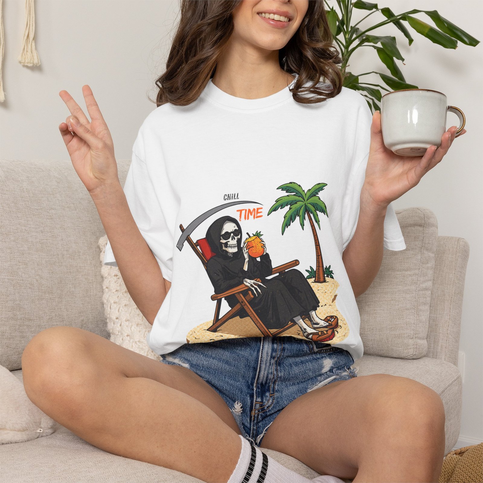 Time to Relax Grim Reaper Beach T-Shirt | Funny Skeleton Summer Graphic Tee - Image 5