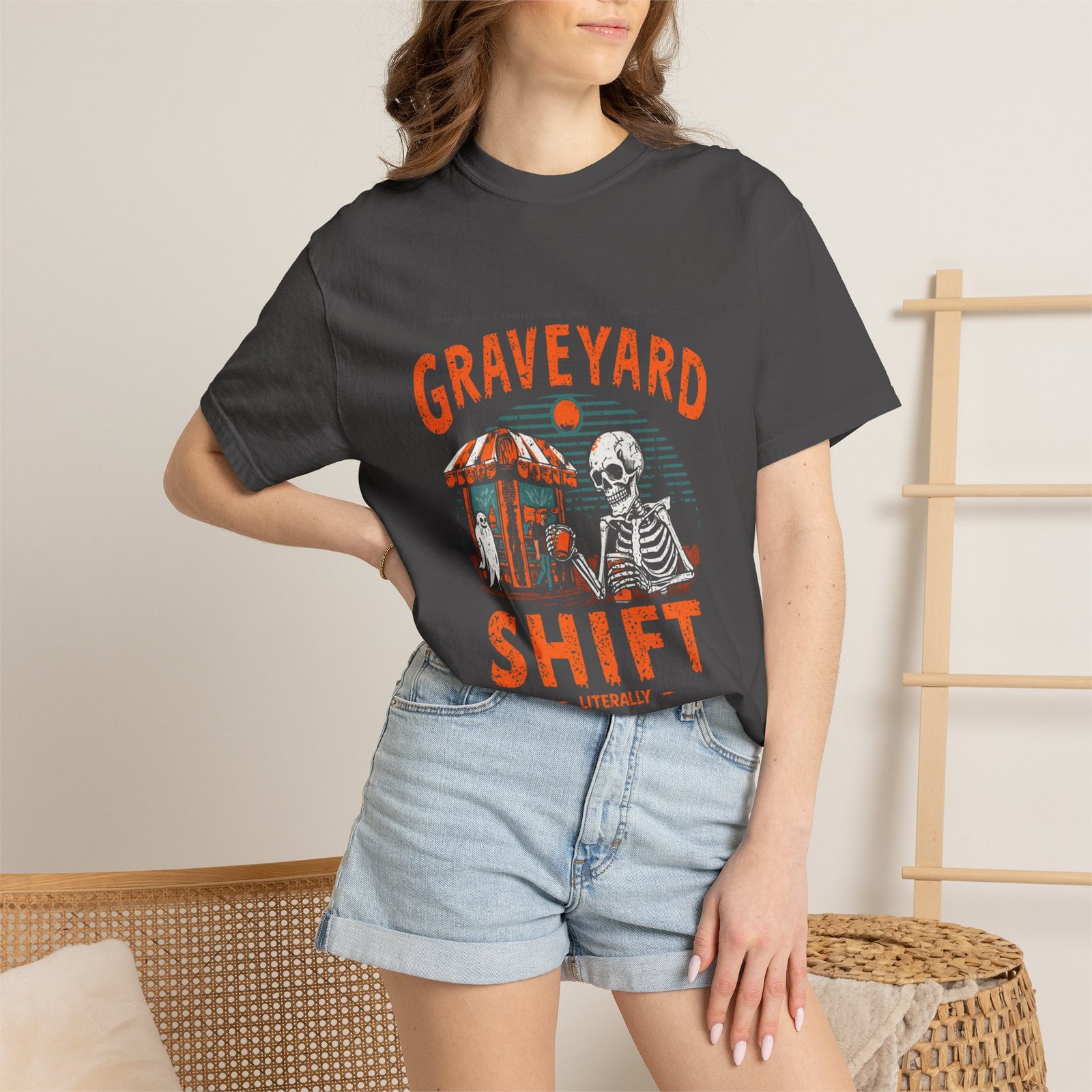 Graveyard Shift T-Shirt – Funny Skeleton Halloween Graphic Tee - Image 18
