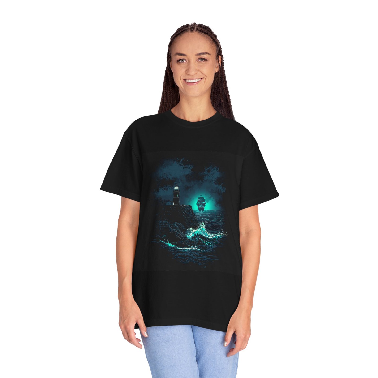 Mystic Lighthouse Night Ocean T-Shirt - Image 7