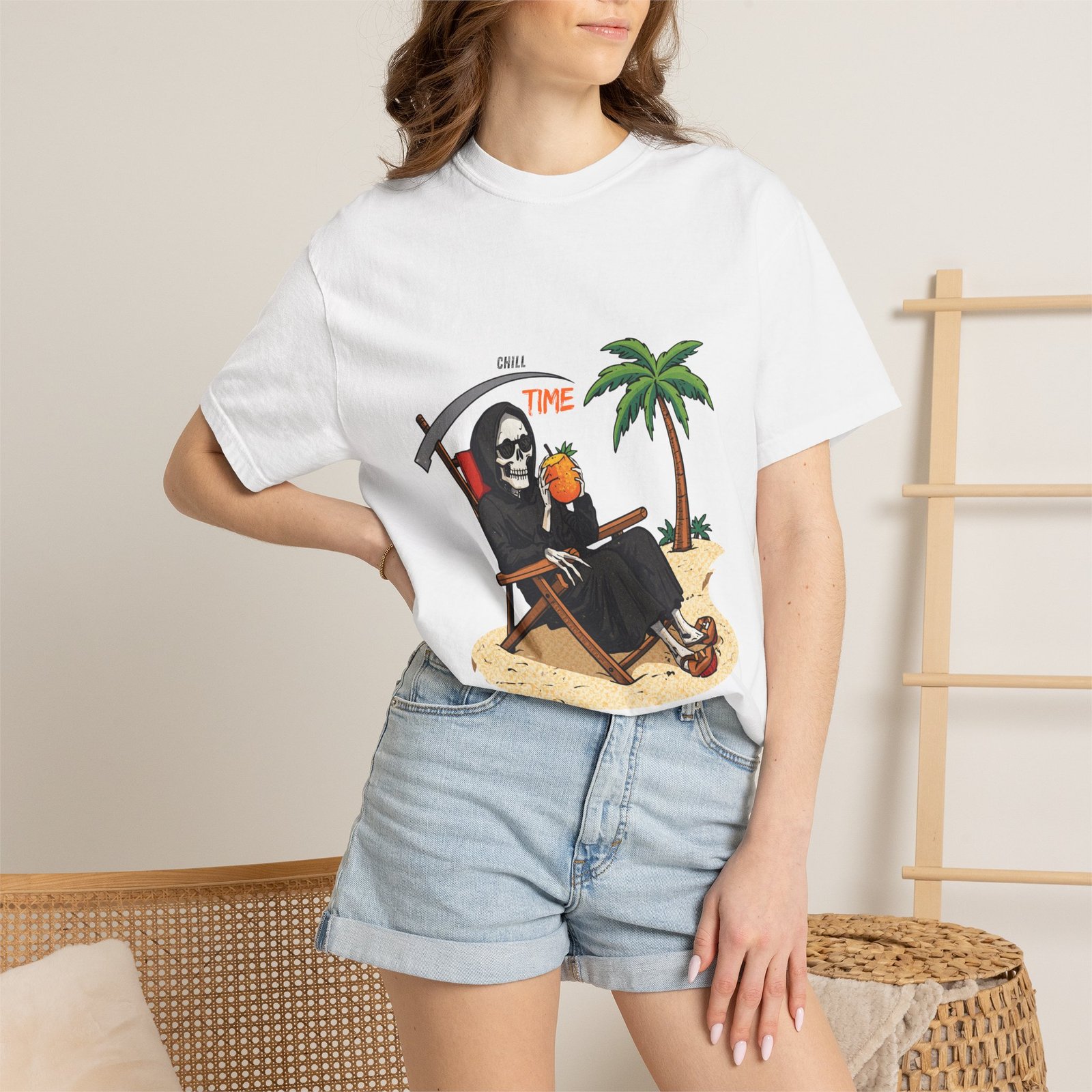 Time to Relax Grim Reaper Beach T-Shirt | Funny Skeleton Summer Graphic Tee - Image 4