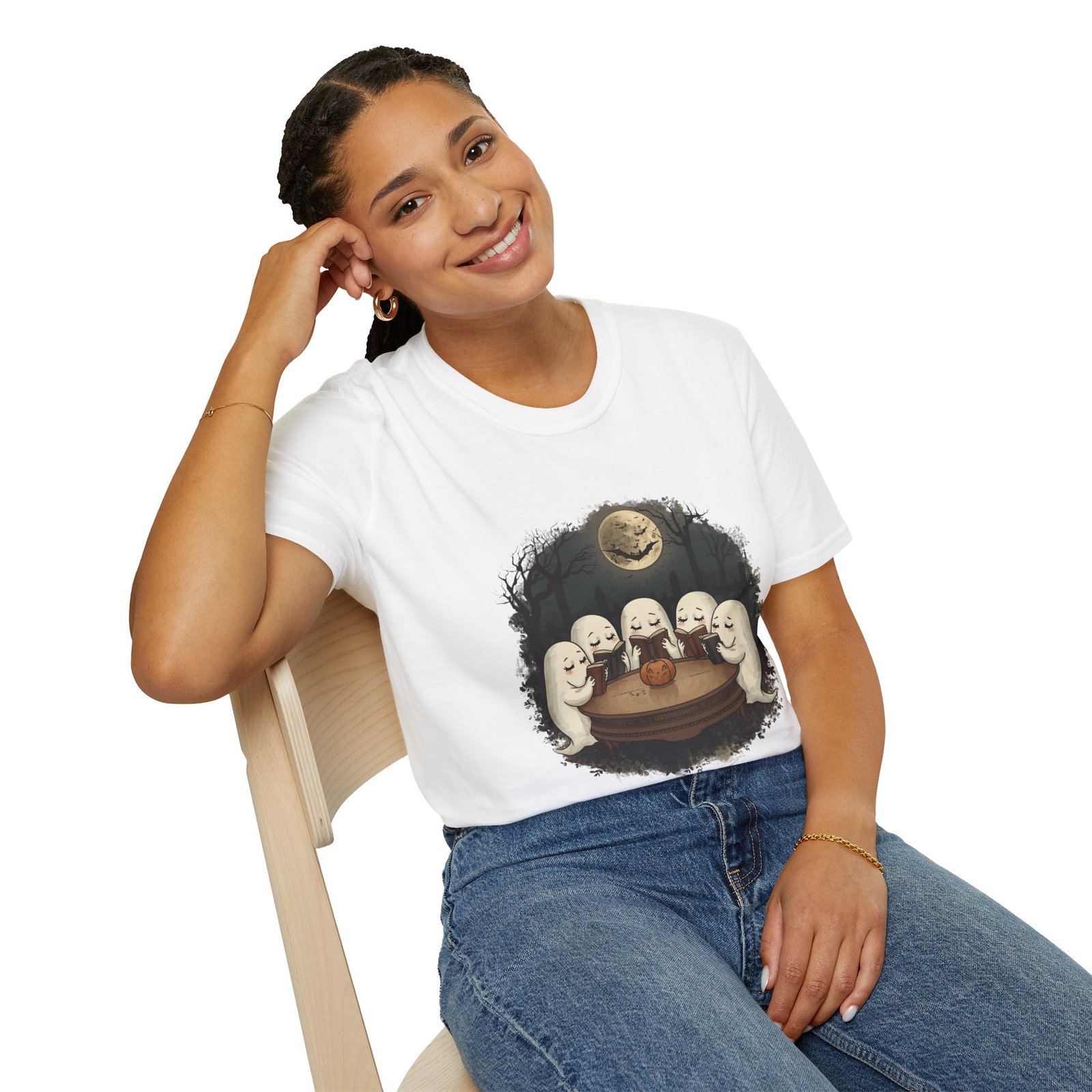 Ghost Book Club T-Shirt | Cute Halloween Reading Ghosts Tee | Spooky Fall Unisex Shirt - Image 5
