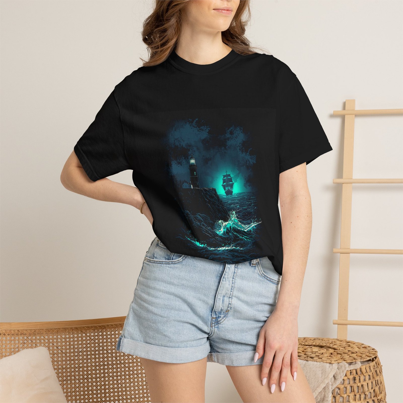 Mystic Lighthouse Night Ocean T-Shirt - Image 4