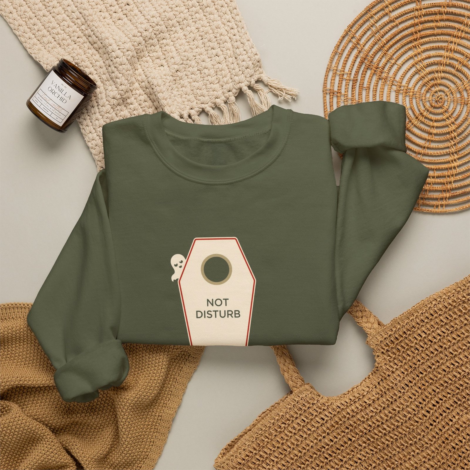 Crewneck Sweatshirt — 'Not Disturb' Coffin Door Hanger Graphic - Image 12
