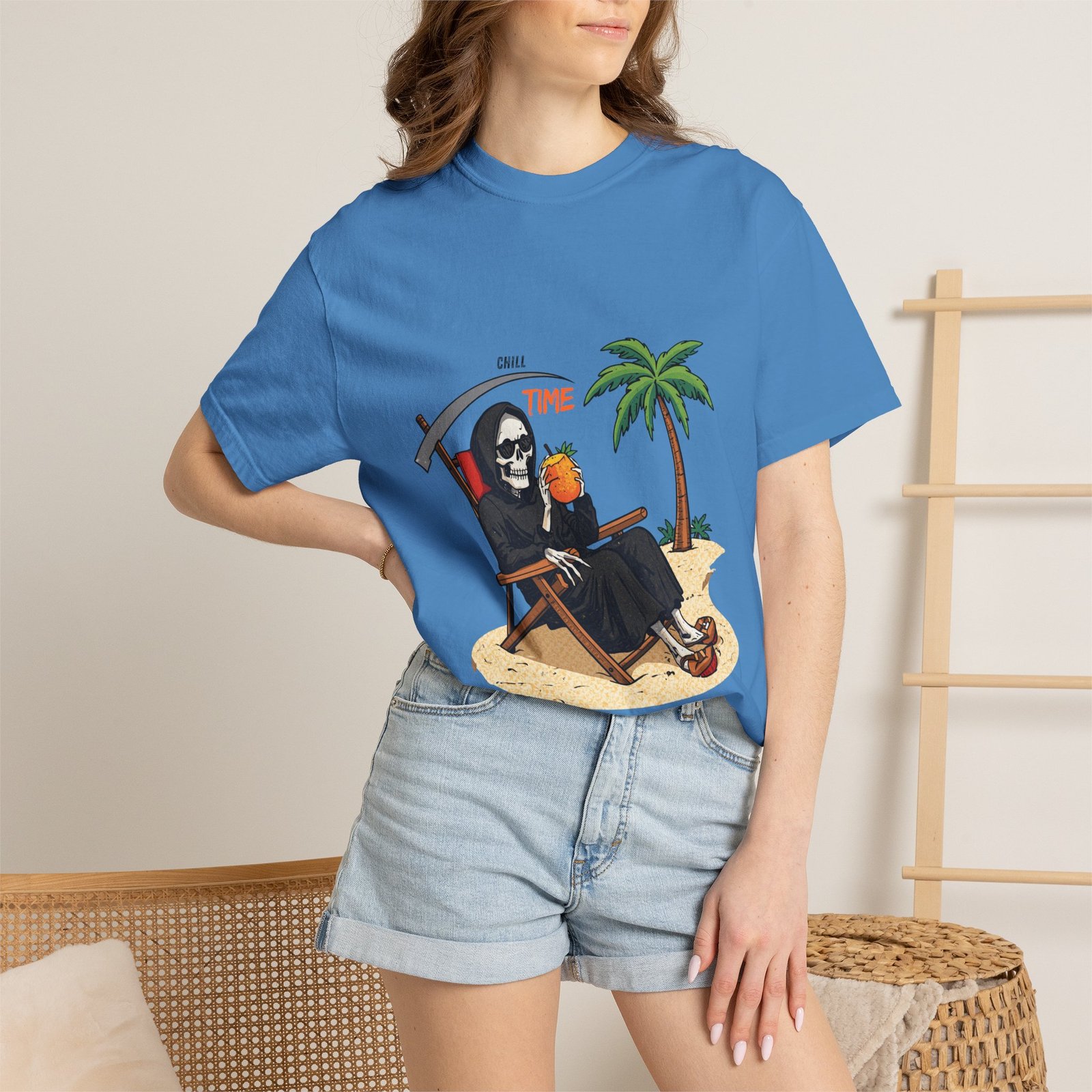 Time to Relax Grim Reaper Beach T-Shirt | Funny Skeleton Summer Graphic Tee - Image 33
