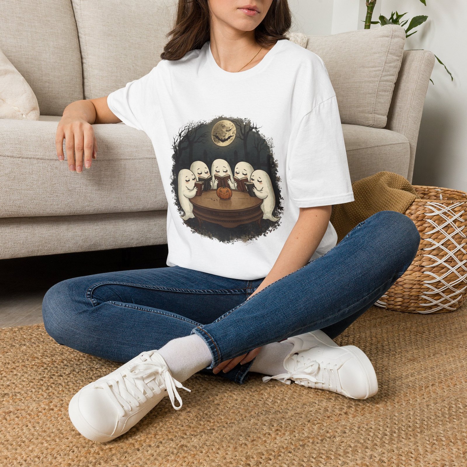 Ghost Book Club T-Shirt | Cute Halloween Reading Ghosts Tee | Spooky Fall Unisex Shirt - Image 2