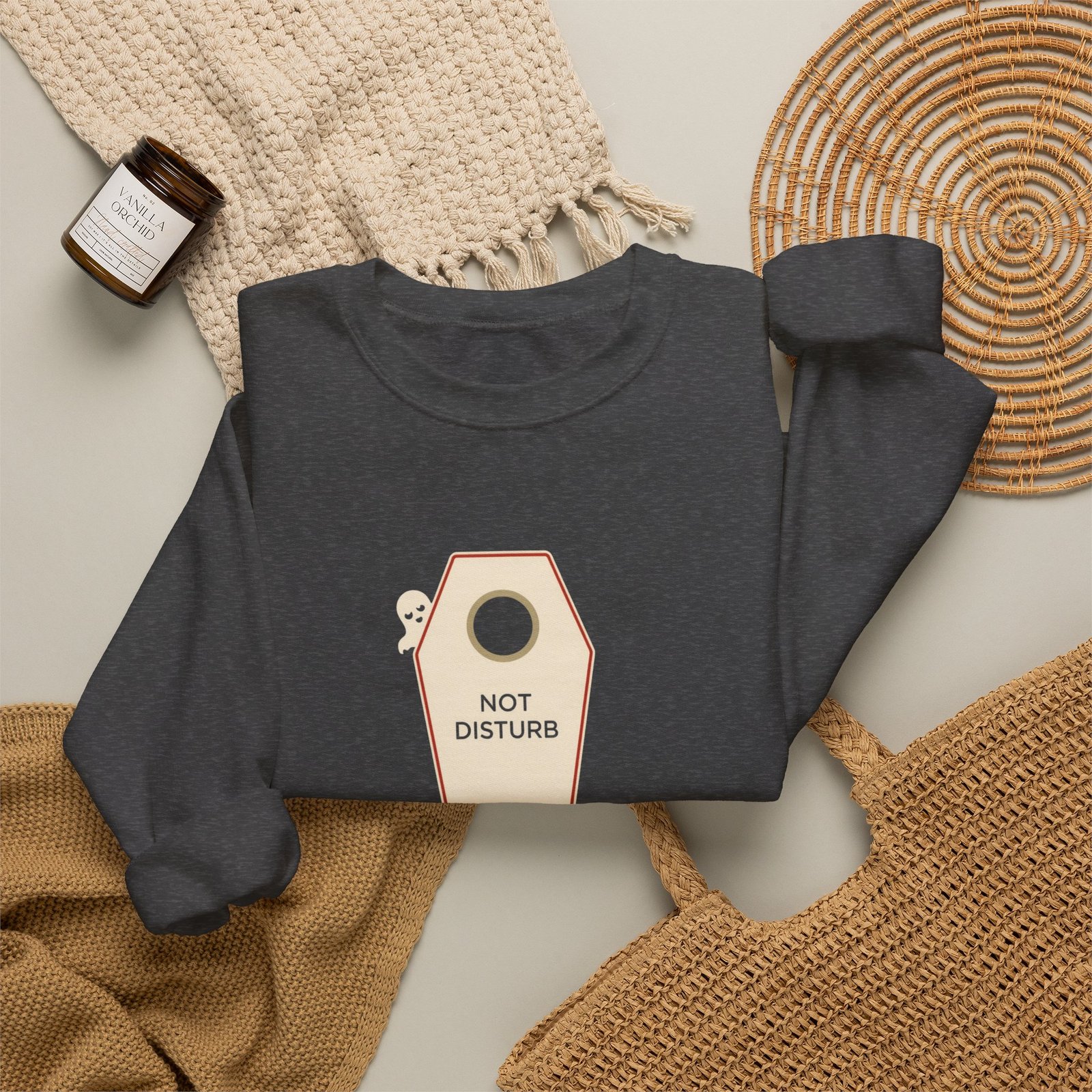 Crewneck Sweatshirt — 'Not Disturb' Coffin Door Hanger Graphic - Image 16