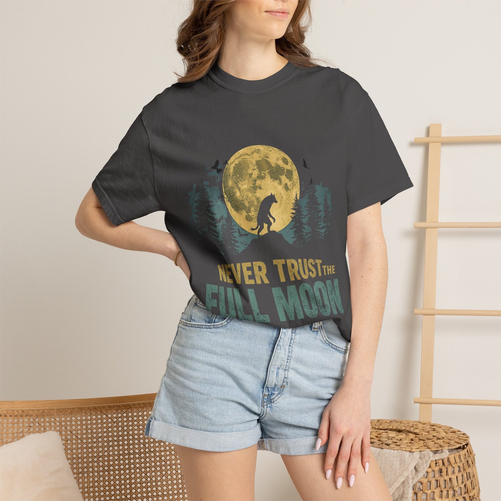 Never Trust The Full Moon Werewolf Graphic T-Shirt | Vintage Horror Moon Tee - Image 37
