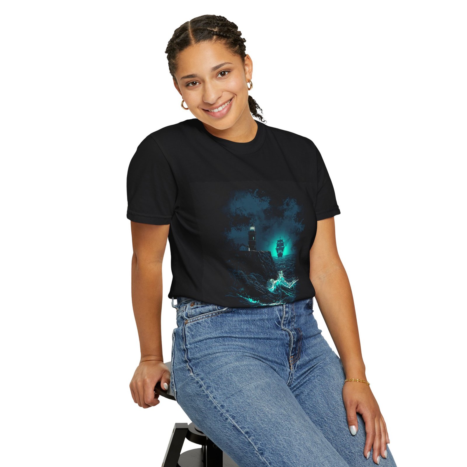Mystic Lighthouse Night Ocean T-Shirt - Image 8