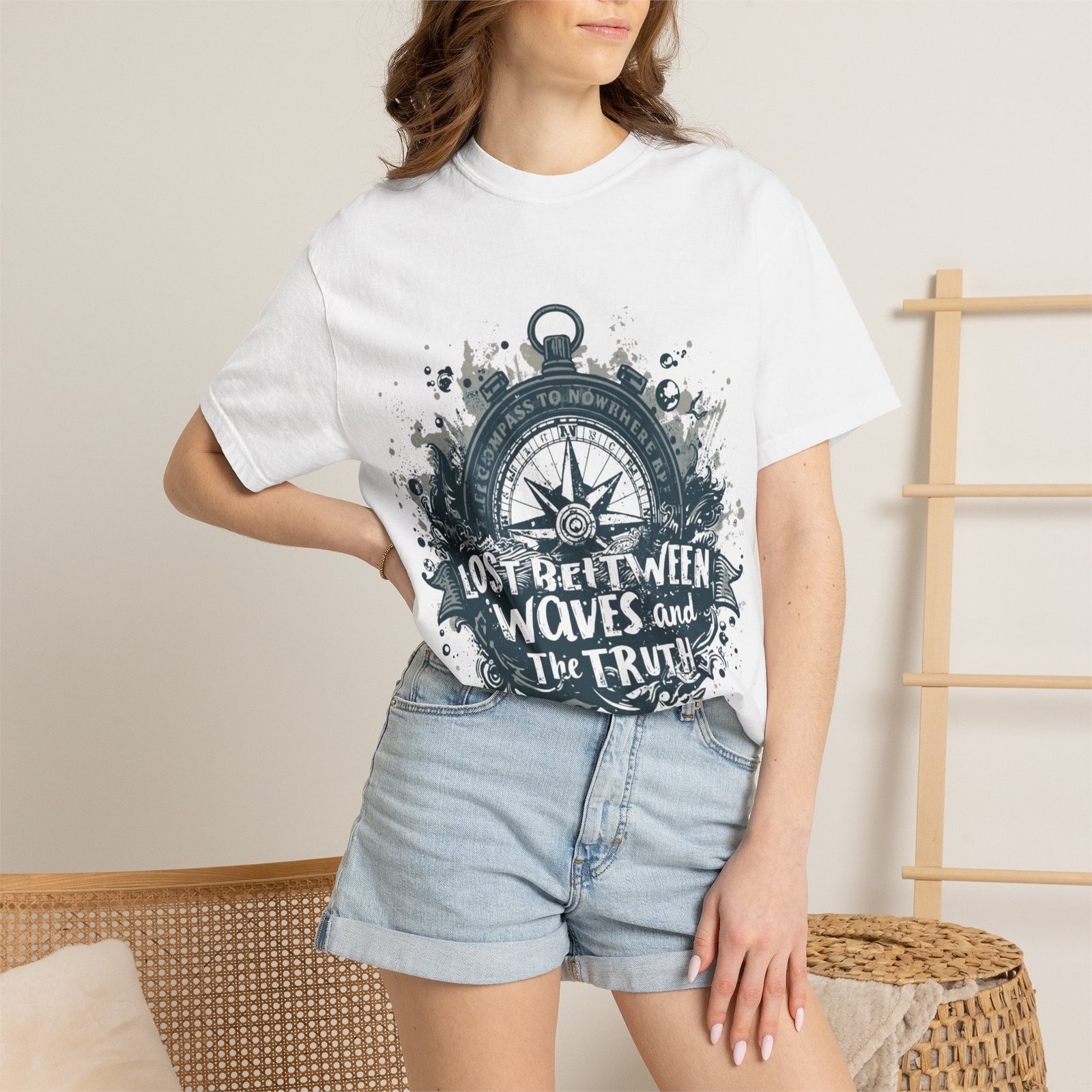 Compass & Waves Graphic T-Shirt — "Lost Between Waves and the Truth" Nautical Tee - Image 4