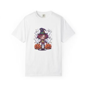Cute Witch Halloween T-Shirt — Cartoon Witch with Pumpkins & Ghosts