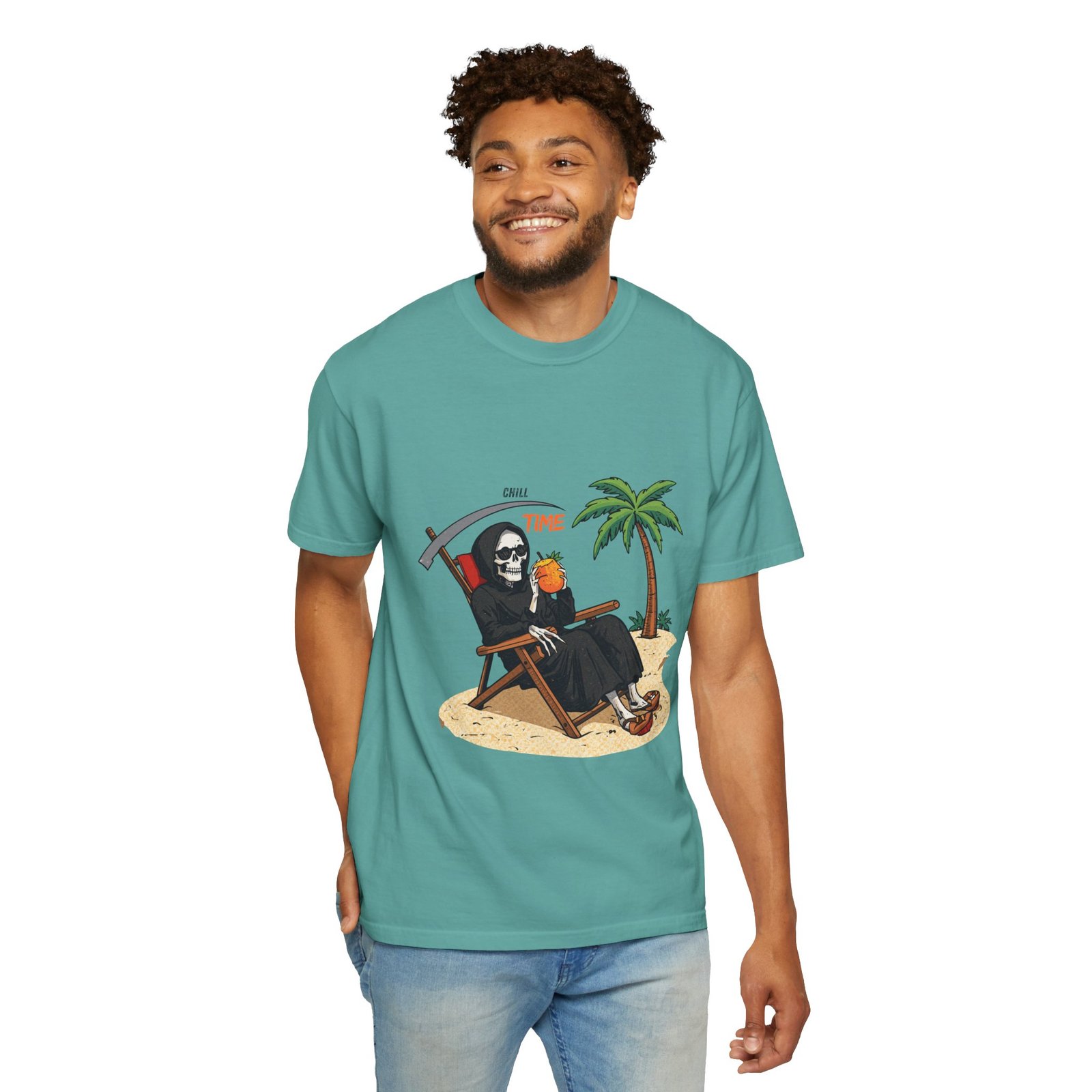 Time to Relax Grim Reaper Beach T-Shirt | Funny Skeleton Summer Graphic Tee - Image 21