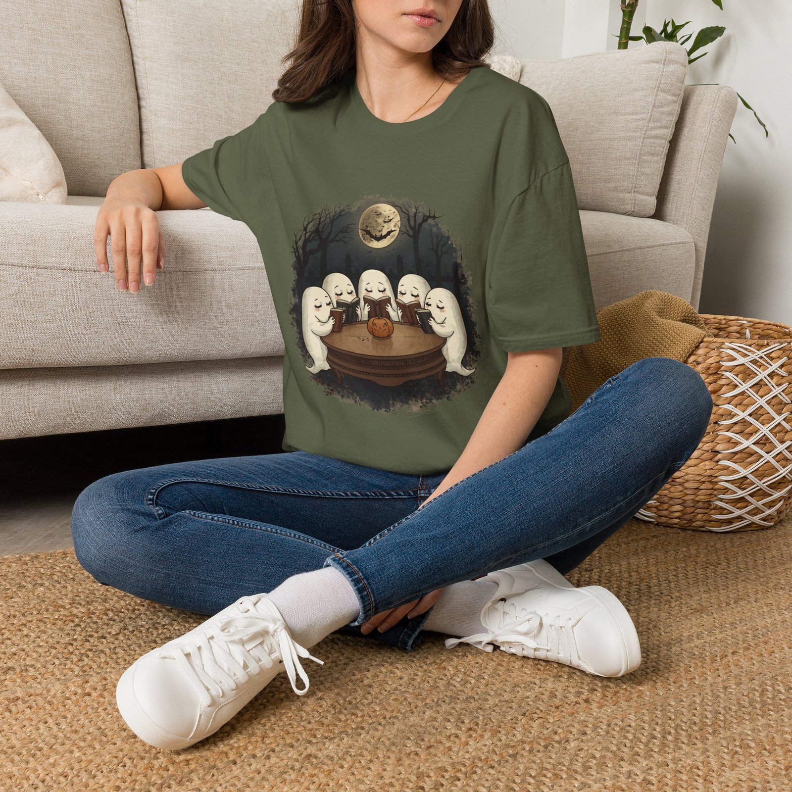Woman Wearing Ghost Book Club Reading Ghosts Tee