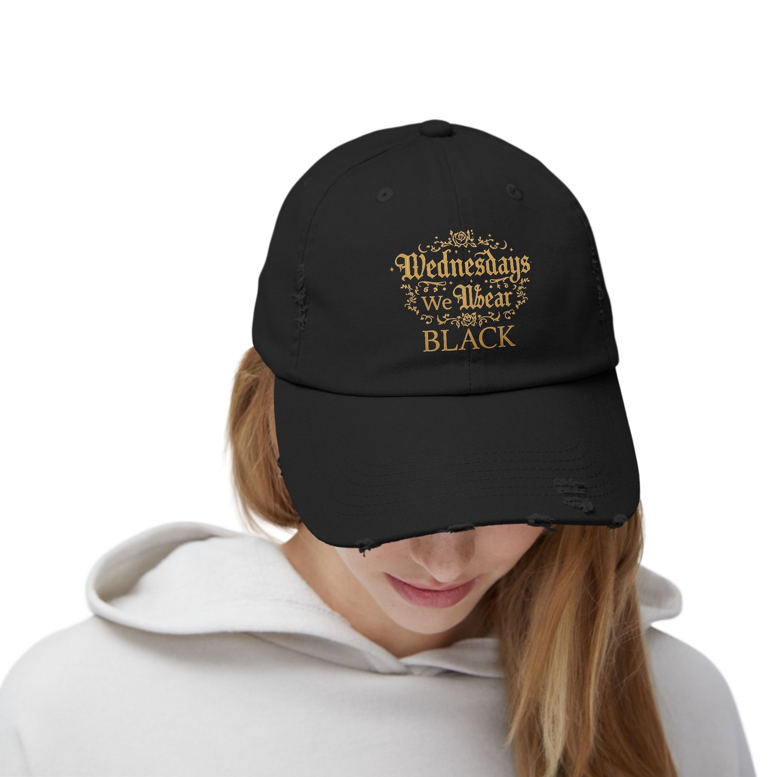 Wednesday We Wear Black Distressed Cap — Gothic Vintage Baseball Hat - Image 4