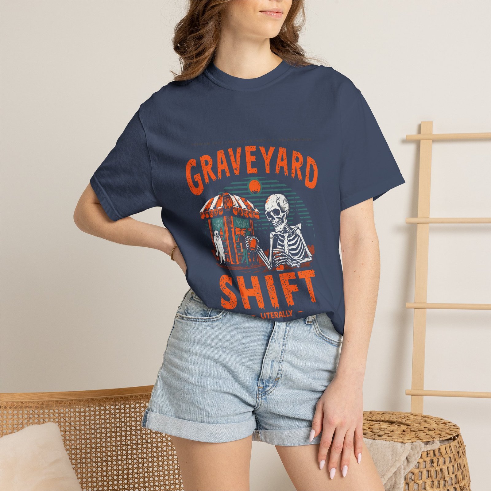 Graveyard Shift T-Shirt – Funny Skeleton Halloween Graphic Tee - Image 3