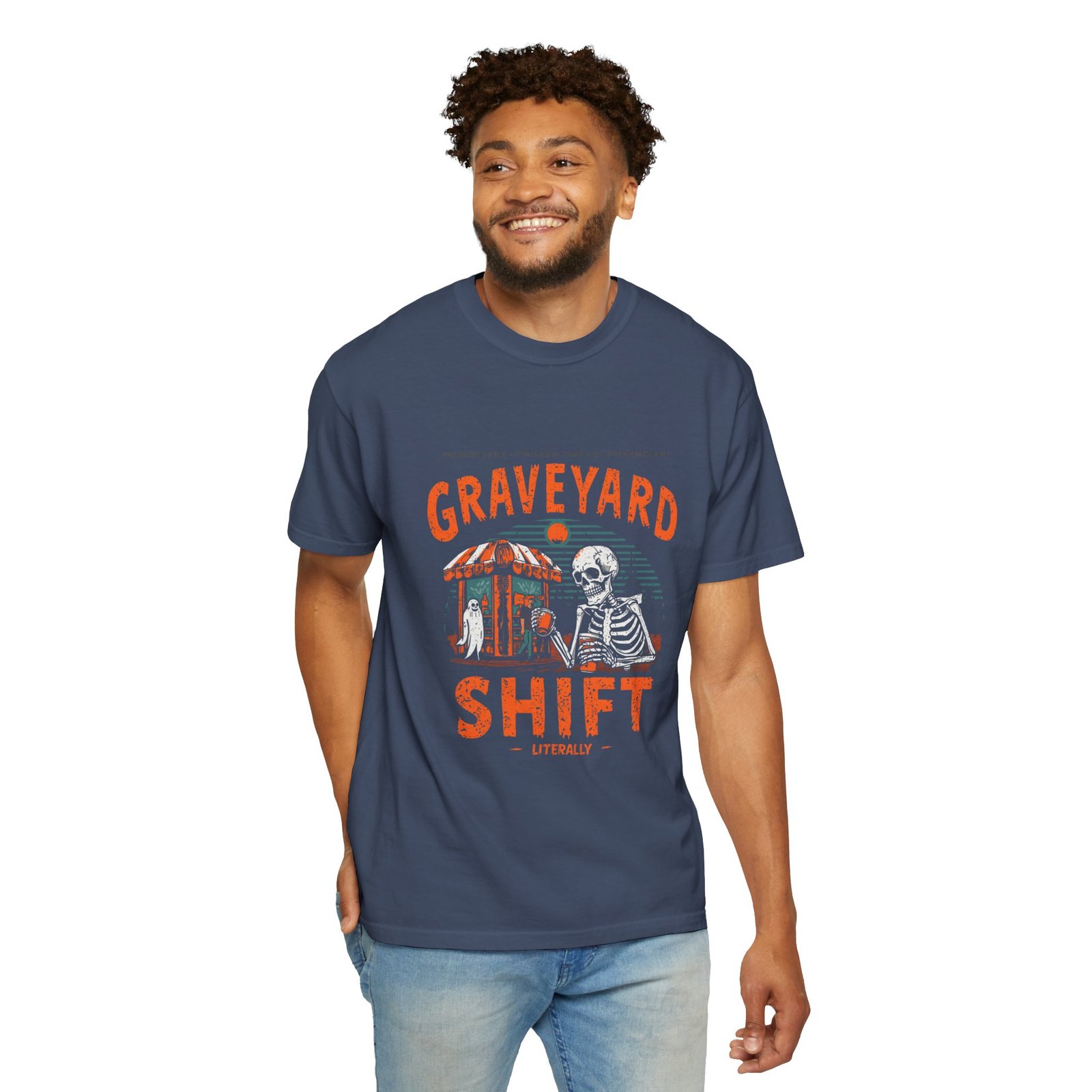 Graveyard Shift T-Shirt – Funny Skeleton Halloween Graphic Tee - Image 5
