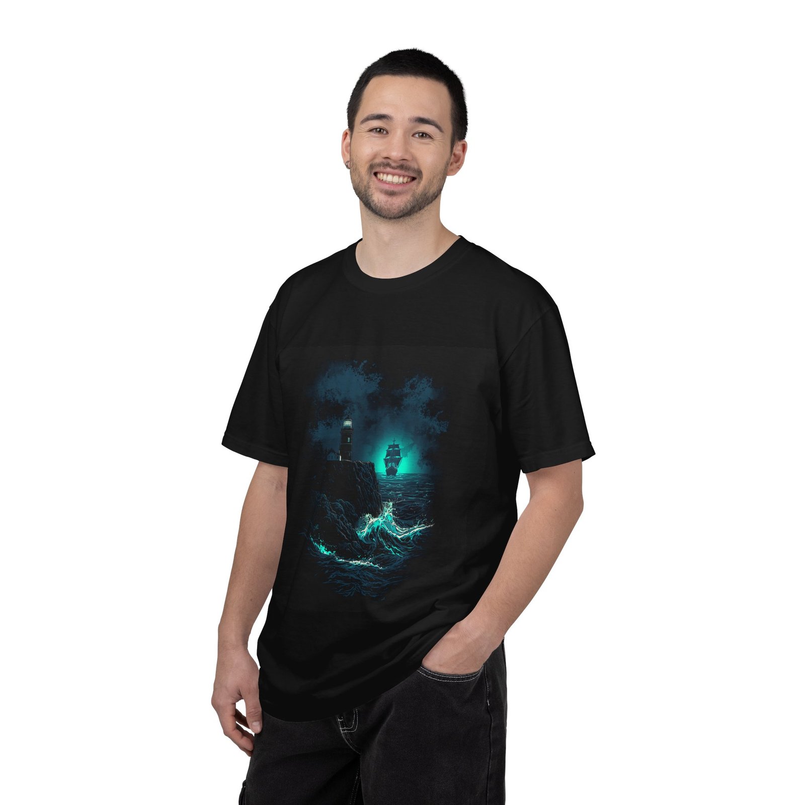 Mystic Lighthouse Night Ocean T-Shirt - Image 6