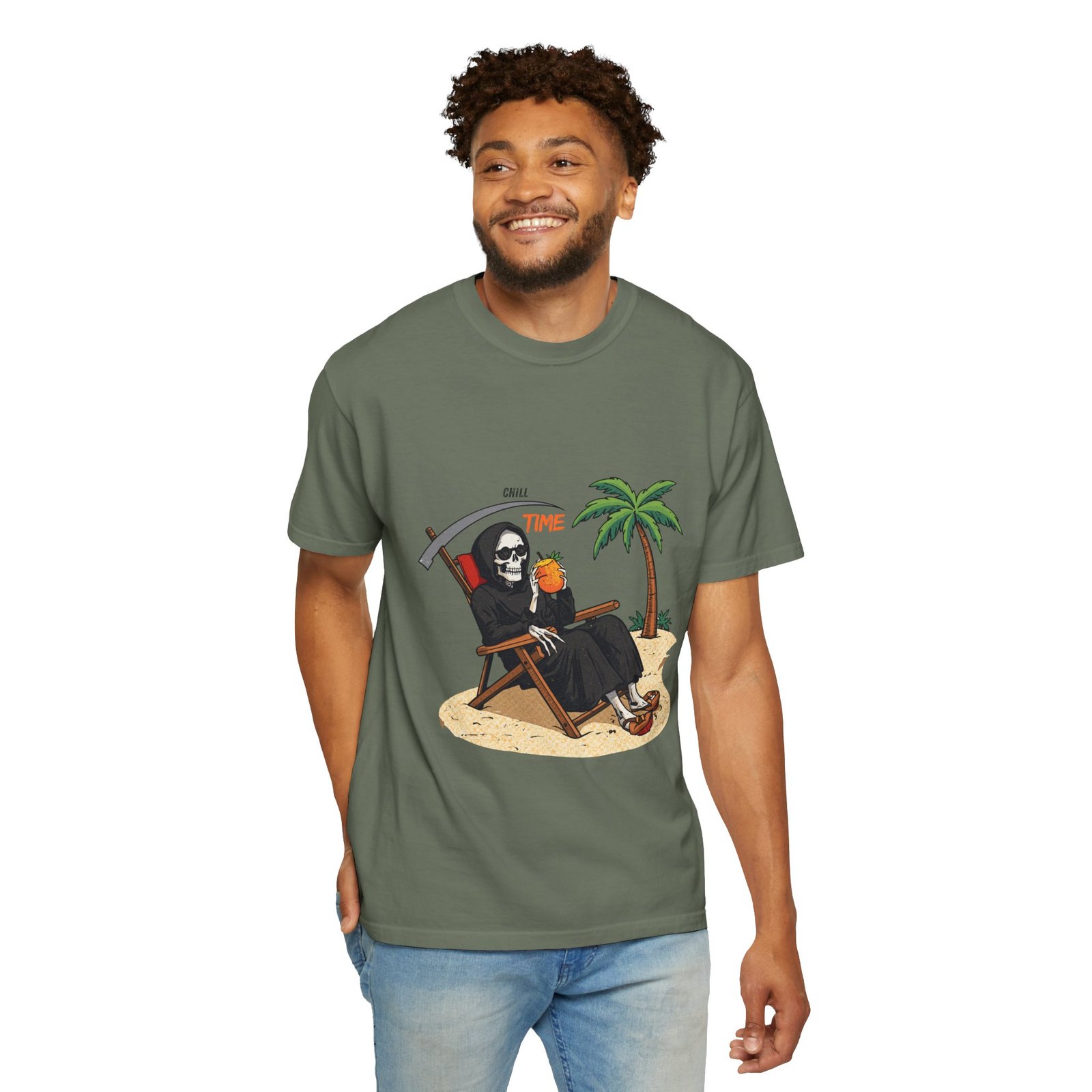 Time to Relax Grim Reaper Beach T-Shirt | Funny Skeleton Summer Graphic Tee - Image 14