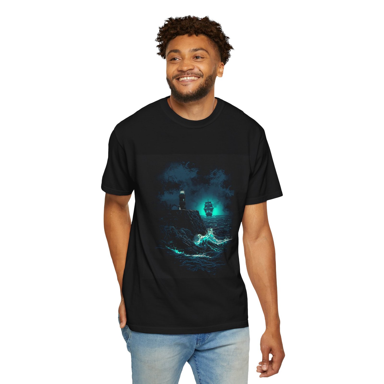 Mystic Lighthouse Night Ocean T-Shirt - Image 9