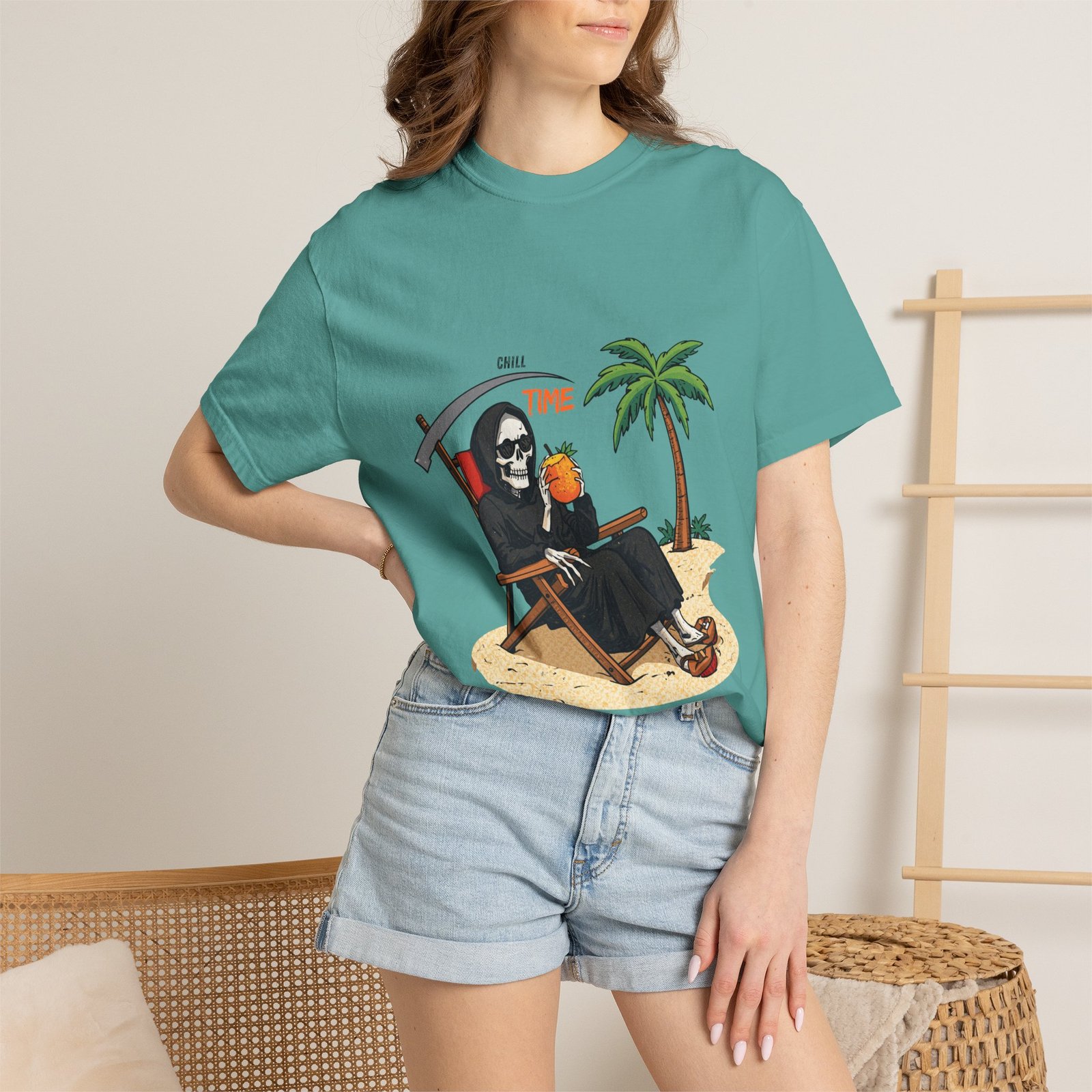Time to Relax Grim Reaper Beach T-Shirt | Funny Skeleton Summer Graphic Tee - Image 19