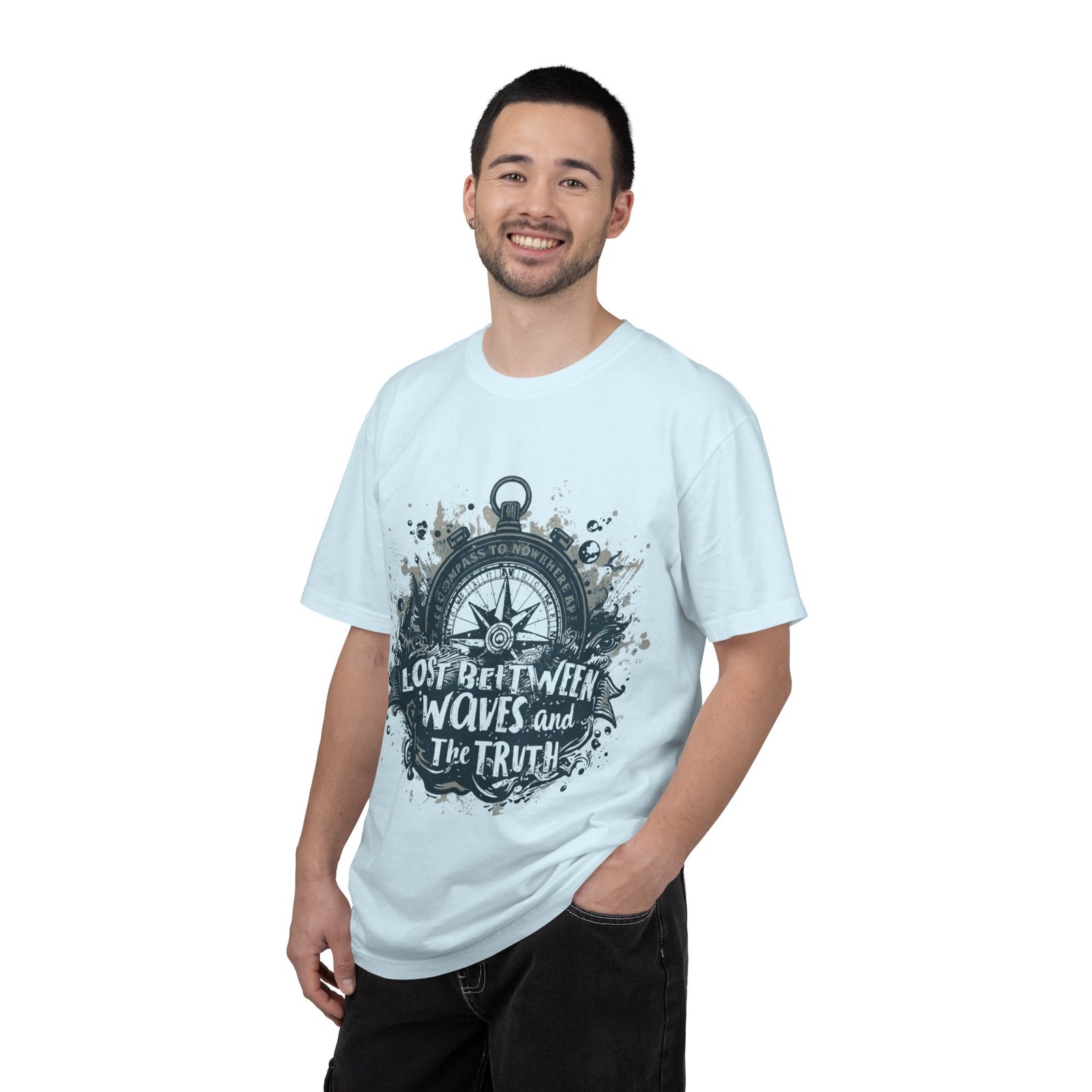 Compass & Waves Graphic T-Shirt — "Lost Between Waves and the Truth" Nautical Tee - Image 24