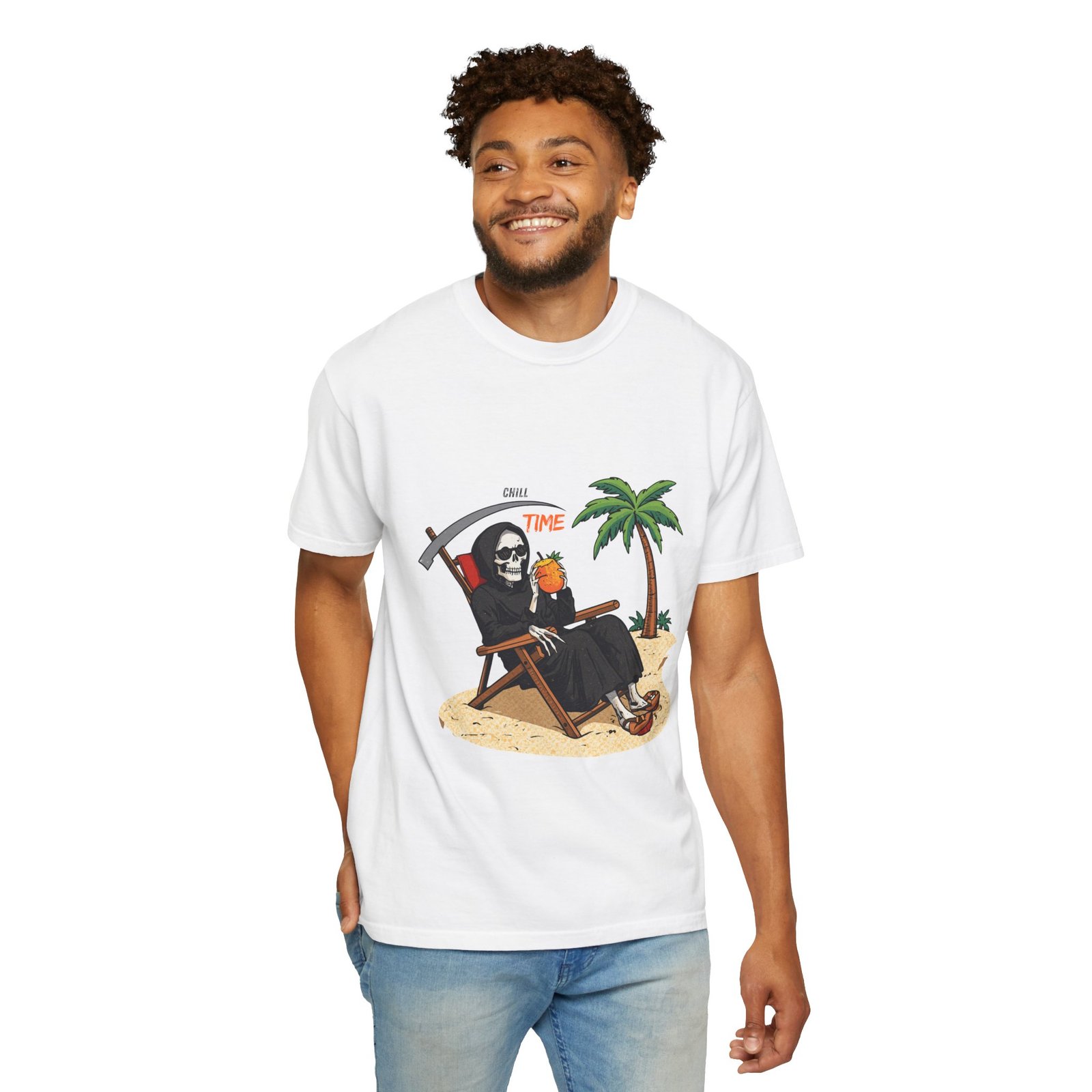 Time to Relax Grim Reaper Beach T-Shirt | Funny Skeleton Summer Graphic Tee - Image 6