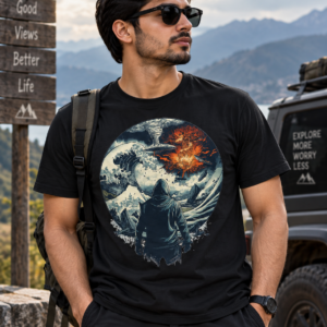 Adventure Graphic T-Shirt — Lone Explorer Stormy Sea Design